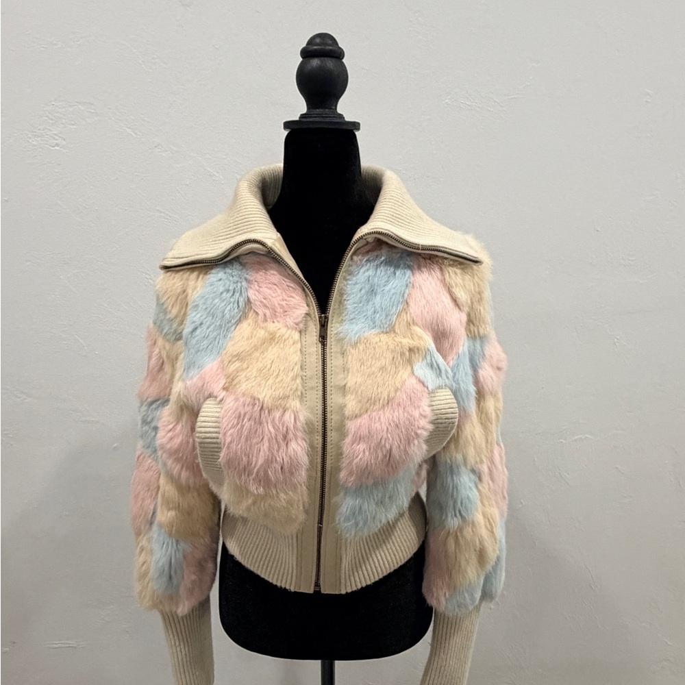 Colorful Teddy Jacket genuine, rabbit fur, multicolored coat - Picture 2 of 12